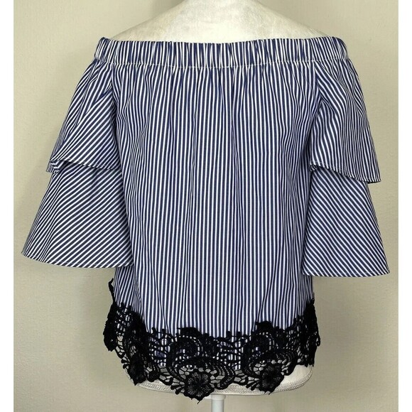 ZARA Blue & White Striped Off the Shoulder Puff Sleeve Lace Blouse Size Medium - Picture 4 of 13